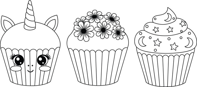 Cute Cupcake Line Art Set with Kawaii Faces, Unicorn Horn, Floral Topping, and Cream Decoration for Bakery, Dessert, and Coloring Page Vector Illustration.