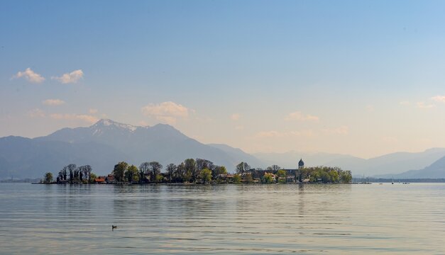 Island Frauenchiemsee with monastery church, Fraueninsel, Chiemsee, Upper Bavaria, Bavaria, Germany