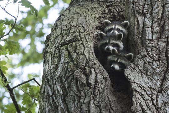 Three Raccoons (Procyon lotor), looking out of their tree cavity, Hesse, Germany