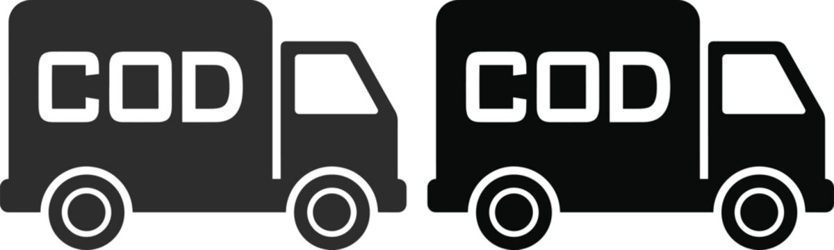 COD delivery truck icon, cash on delivery shipping service vector, e-commerce payment method symbol, black and white freight transport graphic for online shopping