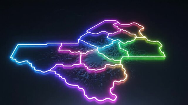 Glowing neon outline map of Austria with colorful light effects on dark background
