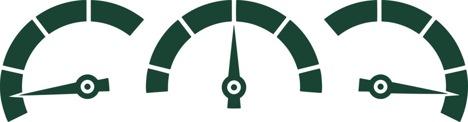 Fototapeta premium Performance meter vector icons, three dark green dashboard gauges, speed indicators, measurement tools, and progress bar elements for UI design and data visualization