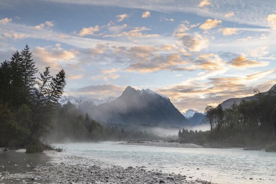 River Soca with Svinjak Mountain in the morning, Soca Valley, Kanin Mountains, Julian Alps, Bovec, Triglav National Park, Slovenia