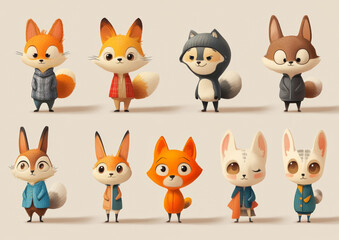 Obraz premium Cartoon animals in colorful outfits standing.