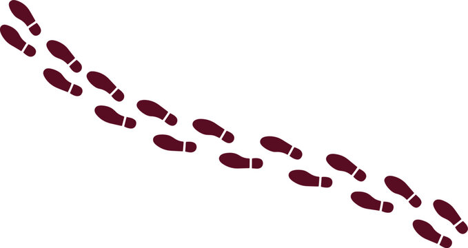 Human footprints vector illustration, dark red shoe prints, abstract path of footsteps, walking trail, isolated graphic resource for navigation and progress.