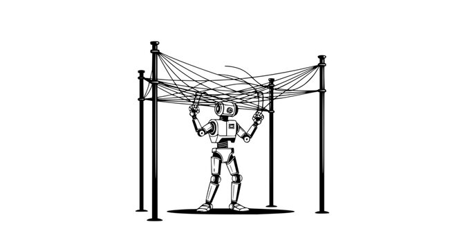 Robot lifting cable on metal frame wires mechanical industrial machine robotics