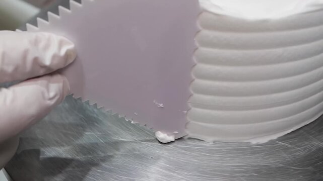 A professional pastry chef, wearing white gloves, uses a metal sawtooth scraper to create a horizontal textured pattern on the side of a white frosted cake. The cake sits on a revolving metal turntabl