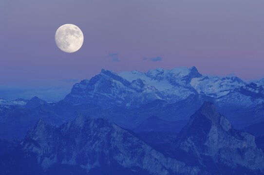 Large and Small Mythen at full moon, Schwyz, Switzerland
