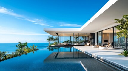 Fototapeta premium Luxurious Modern Villa with Infinity Pool Overlooking Ocean and Tropical Landscape