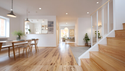 Fototapeta premium Interior perspective of a modern home, blurred, featuring a wooden staircase, dining area, and hallway leading to a living room