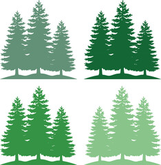 Fototapeta premium Evergreen pine tree vector collection, four distinct forest silhouette illustrations, green coniferous trees for nature and outdoor designs, versatile graphic resource for environmental themes