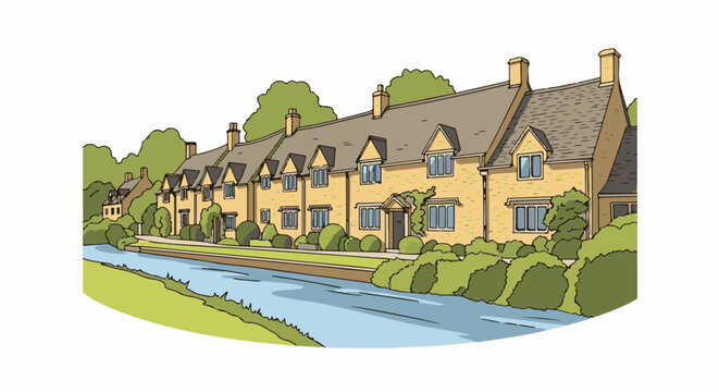 Quaint row of stone houses with a river and lush greenery