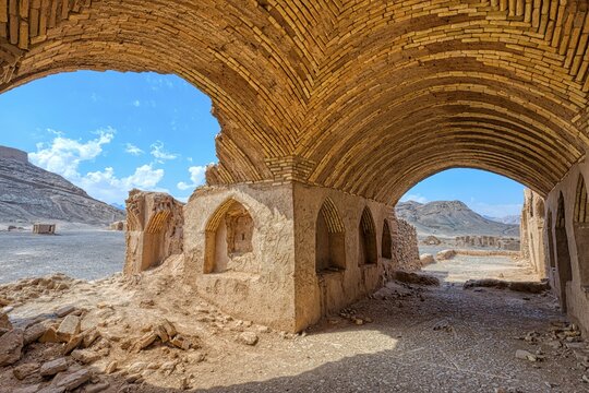 Ruins of ritual buildings near Dakhmeh Zoroastrian Tower of Silence, Yazd, Iran