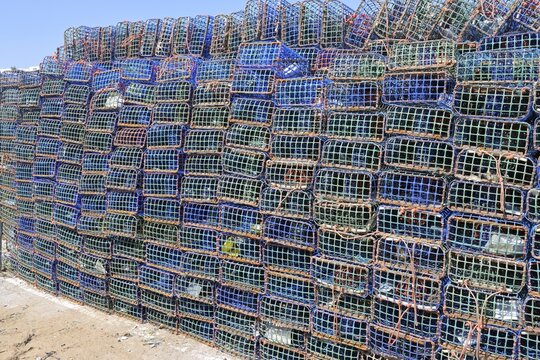 Basket fish traps for crab and lobster fishing in the Atlantic Ocean, Santa Luzia fishing harbour, Tavira municipality, Algarve, Portugal