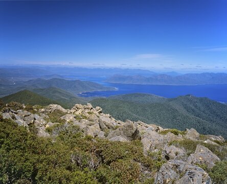 Reservoirs seen from Mt Wedge in the Southwest National Park, Tasmania, Australia