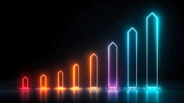 Bright neon bars rise in vibrant colors to symbolize progress and success in a creative data visualization