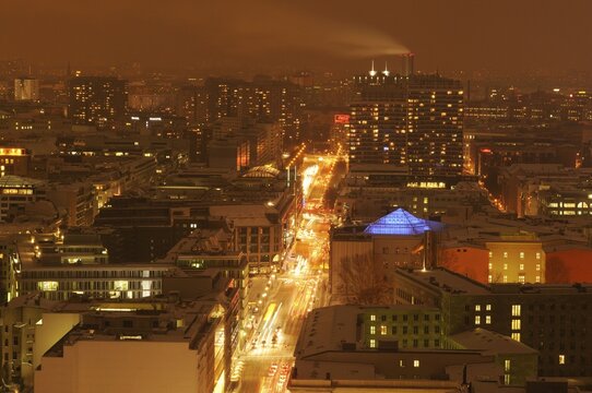 View from the Kollhoff building on the Potsdamer Strasse in the lights of the twilight, Berlin, Germany, Europe