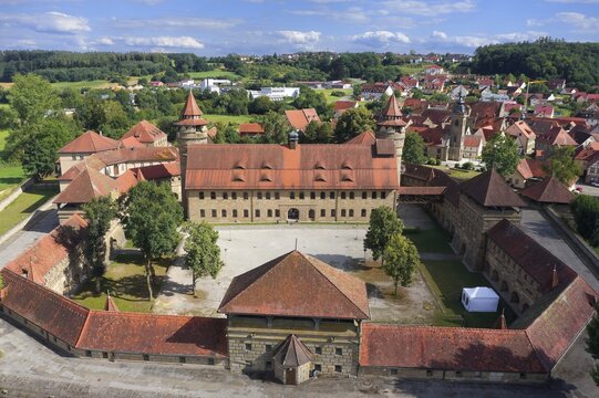 Aerial view, Lichtenau Fortress, behind Markt Lichtenau, Ansbach County, Central Franconia, Franconia Bavaria, Germany