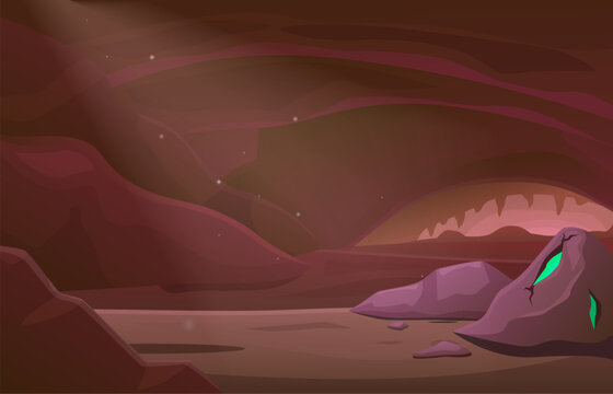 Magic underground cave in mountain. Cartoon stone hall in rock with penetrating beam of light. Green slime liquid. Fantasy tale vector background