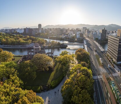 Panoramic view from Hiroshima Orizuru Tower over the city with atomic bomb dome, Atomic Bomb Dome, and Hiroshima Peace Park, Peace Monument, Hiroshima Peace Park, Hiroshima, Japan