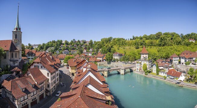 River Aare, Bernese Old Town, Nydeggkirche, Untertorbr&uuml;cke, Nydegg district, Bern, Canton of Bern, Switzerland