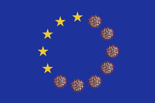 Photomontage, EU flag with stars and corona viruses, COVID-19, symbol photo spread of the corona epidemic, Germany