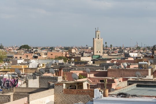 View of the old city, Ben Salah mosque with minaret, Marrakech or Marrakech, Morocco