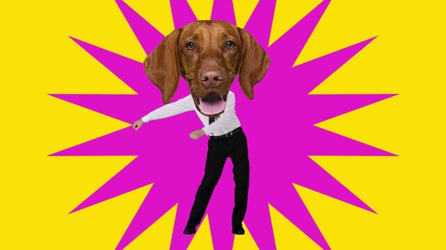 Businessman with dog head dancing in bold pop art background with high contrast colors. Concept of workplace humor, creative marketing campaigns, brand personality, and social media communication.