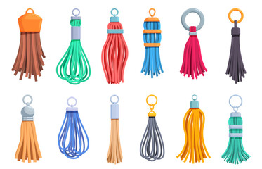 Fototapeta premium Leather tassels set. Fringe keyring, macrame element for bag, keys, purse. Colorful threads tassel, handmade charms. Fashion accessories sapid vector clipart