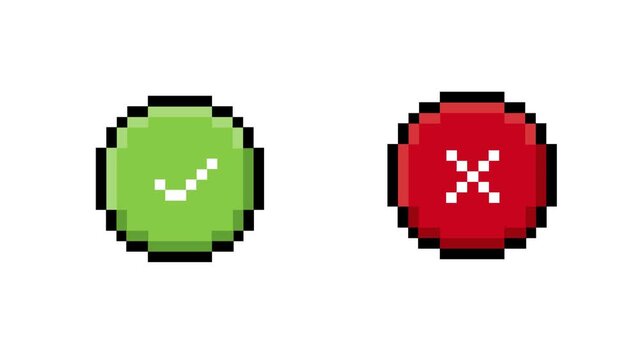 Pixel art style checkmark and cross icons in green and red circles, symbolizing acceptance, rejection, confirmation, and cancellation for digital interfaces and gaming