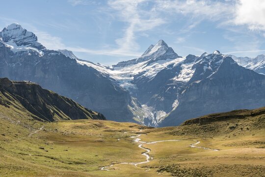 Stream, view of the Gro&szlig;es Fiescherhorn, Eiger, M&ouml;nch, Jungfrau, Grindelwald, Bern, Switzerland