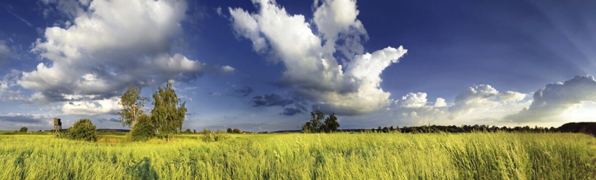 Panoramic view of meadows and some trees and a cloudy sky near Adelsschlag, Bavaria, Germany, Europe