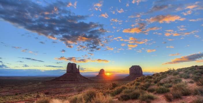 Sunrise, mesas West Mitten Butte, East Mitten Butte, Merrick Butte, Scenic Drive, Monument Valley, Monument Valley, Navajo Tribal Park, Navajo Nation, Arizona, Utah, USA
