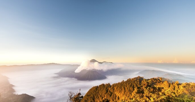 Mount Bromo, sunrise, volcano in clouds, Mount Batok, Mount Kursi, Mount Semeru, Bromo Tengger Semeru National Park, Java, Indonesia