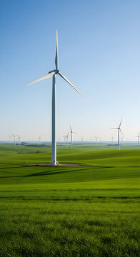 Modern wind turbines generating clean energy in a vast green field under a clear blue sky