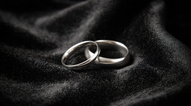 electroluminescence. Two silver wedding bands overlapping on dark velvet fabric. lifestyle magazines, social media lookbooks, designed for lifestyle magazines and social media content.