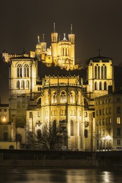 Basilica of Notre-Dame de Fourvi&egrave;re at night, Lyon, Rh&ocirc;ne-Alpes, France