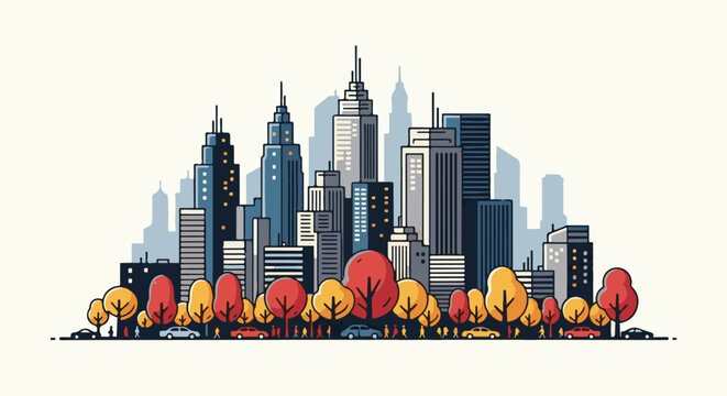 Pixelated city skyline with autumn trees and people walking