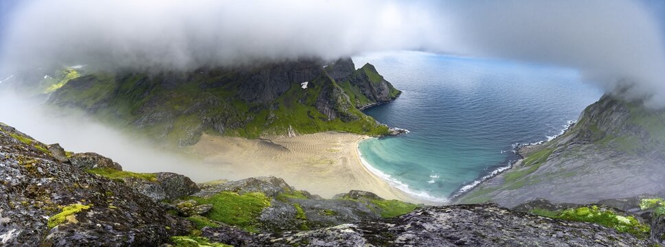 View from Helvetestinden to the beach of Bunes, Bunesstranda, behind mountain Storskiva, Lofoten, Nordland, Norway