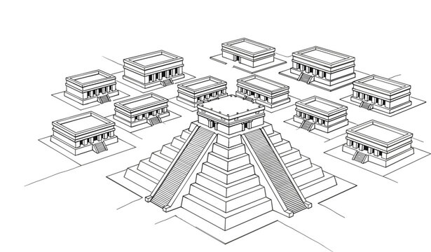 Isometric line art of an ancient Mayan temple city with a central pyramid and stone buildings for history, archaeology, and gaming design.