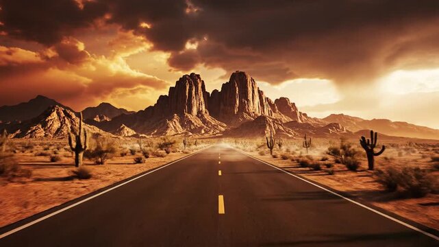 A long straight asphalt road stretching through a vast desert landscape toward the horizon under a clear sky, showing perspective and distance in an arid, remote environment.