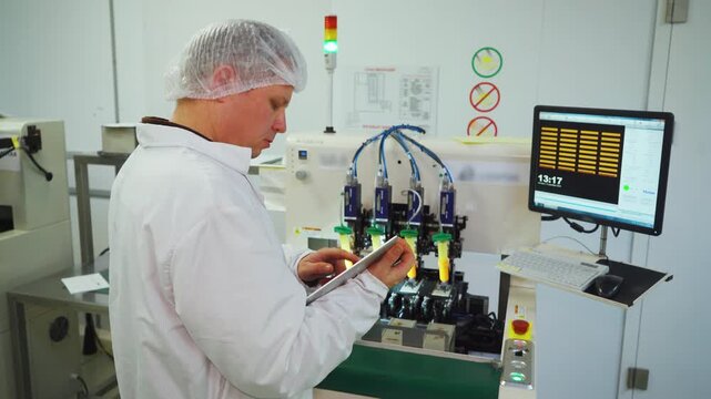 Technician checks equipment. Electronic specialist adjusts assembly line devices. Calibration technician ensures precision in soldering quality and machinery function during factory assessment