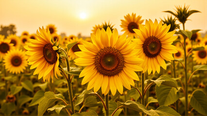 Obraz premium Radiant Sunflowers Stand Tall in a Golden Field, Illuminated by the Warm Glow of the Rising or Setting Sun