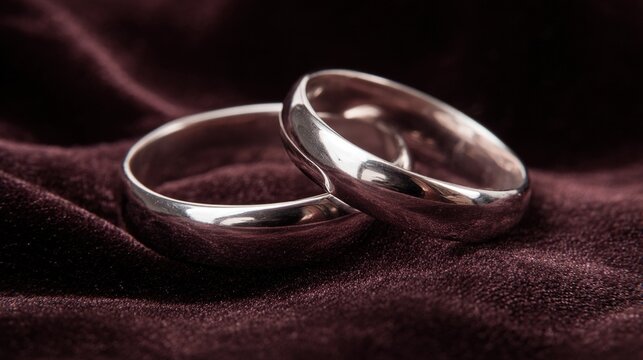 electroluminescence. Two silver wedding bands overlapping on dark velvet fabric. lifestyle magazines, social media lookbooks, designed for lifestyle magazines and social media content.