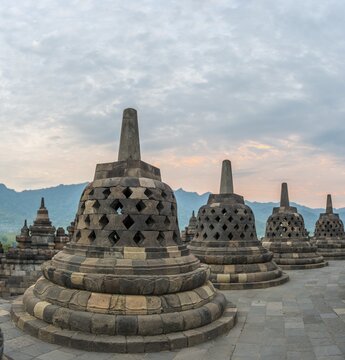 Borobudur temple, stupas, cloudy sky, Borobudur, Yogyakarta, Java, Indonesia