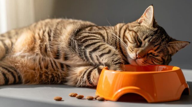 Lazy tabby cat reaching into orange bowl with scattered kibble on floor at home