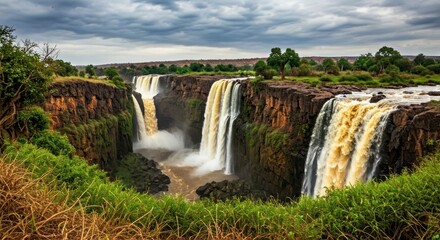 Obraz premium Multiple waterfalls cascading over a high cliff edge with greenery and a cloudy sky