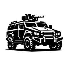 Obraz premium Black silhouette of a military vehicle with a mounted gun on top, isolated on a white background for design and editorial use