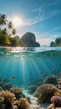 Split view tropical islands and underwater sun shafts, over-under lagoon scene, vertical mobile wallpaper