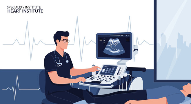 Doctor performing echocardiogram on patient at heart institute, medical technology